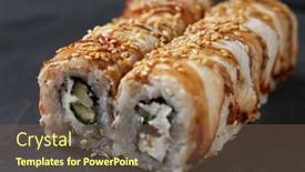  Presentation with food fish - Colorful PPT theme enhanced with japanese-food-rolls-with-fish backdrop and a violet colored foreground