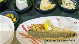  Presentation with japanese style - Slides consisting of japanese food style saba teriyaki grilled background and a yellow colored foreground