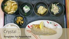  Presentation with japanese style - Slides with japanese food style saba teriyaki grilled background and a coral colored foreground