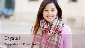  Presentation with asian exercise trainer - Presentation design consisting of japanese girl - asian woman at outdoor background and a coral colored foreground