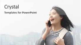  Presentation with talk - PPT theme enhanced with japanese girl - asian woman talk to cellphone background and a white colored foreground