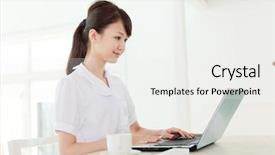  Presentation with business laptop globe satellite - Audience pleasing PPT theme consisting of japanese girl - beautiful business woman using backdrop and a  colored foreground