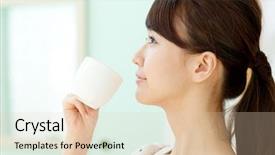  Presentation with biscuit coffee - Colorful slides enhanced with japanese girl - beautiful young woman drinking coffee backdrop and a lemonade colored foreground