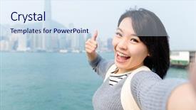  Presentation with hong kong skectch - Beautiful presentation theme featuring japanese girl - woman taking photo her selfie backdrop and a sky blue colored foreground