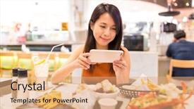  Presentation with restaurant - Beautiful slide set featuring japanese girl - woman taking photo on dishes backdrop and a  colored foreground