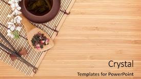  Presentation with japanese green tea - PPT theme having japanese green tea and sakura background and a coral colored foreground