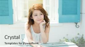  Presentation with relaxing - Audience pleasing PPT theme consisting of japanese house - beautiful young woman relaxing backdrop and a  colored foreground