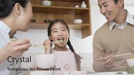 Presentation with chopsticks - Presentation enhanced with japanese house - young couple and daughter eating background and a mint green colored foreground