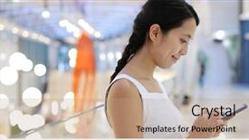  Presentation with mobile use - Theme featuring woman use of mobile phone in the shopping mall background and a coral colored foreground