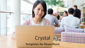  Presentation with computer burn - Colorful slide set enhanced with japanese korean restaurant - woman working on notebook computer backdrop and a coral colored foreground