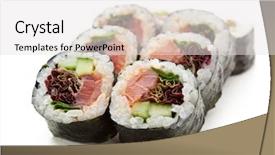  Presentation with sushi - Presentation theme consisting of japanese maki sushi - roll made of smoked salmon cucumber and salad leaf inside nori outside background and a light gray colored foreground
