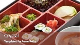 Presentation with noodles - PPT theme featuring japanese meal in a box bento - salad noodles and cucumber sushi roll apple slice background and a tawny brown colored foreground