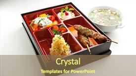  Presentation with dessert - Slide set consisting of japanese meal in a box - salad skewered meat and mashed potato and dessert background and a coral colored foreground