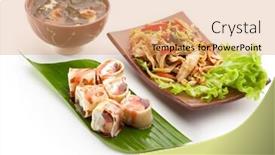  Presentation with seaweed - Slide deck consisting of japanese meal - noodles with chicken dessert fruit maki sushi and miso soup seaweed mushrooms and tofu cheese background and a coral colored foreground