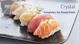  Presentation with black sea - Slide deck consisting of japanese-nigiri-sushi-set-sushi background and a sky blue colored foreground