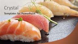  Presentation with tuna fish - Beautiful slide deck featuring japanese-nigiri-sushi-set-sushi backdrop and a coral colored foreground
