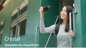  Presentation with train railway - Audience pleasing slide set consisting of japanese railway - woman taking photo on digital backdrop and a ocean colored foreground