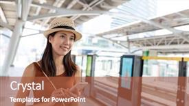  Presentation with train railway - Colorful PPT theme enhanced with japanese railway - woman use of mobile phone backdrop and a red colored foreground