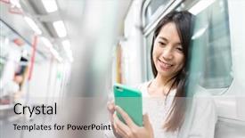  Presentation with train and travel - Cool new theme with japanese railway - woman using cellphone on train backdrop and a soft green colored foreground