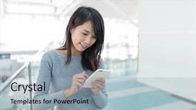  Presentation with departure - Colorful slide deck enhanced with japanese railway - woman using mobile phone backdrop and a light blue colored foreground