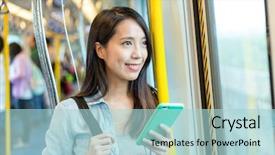  Presentation with train - PPT theme having japanese railway - woman using mobile phone background and a light blue colored foreground