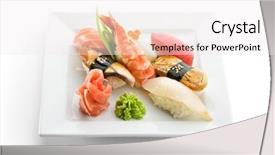 Presentation with sushi - Slides having japanese restaurant - seafood plate - sushi background and a sky blue colored foreground
