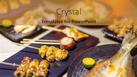  Presentation with grilled - Presentation consisting of japanese-restaurant-with-lots background and a gold colored foreground