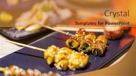  Presentation with grilled - Presentation theme with japanese-restaurant-with-lots background and a gold colored foreground