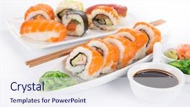  Presentation with seafood - Cool new PPT theme with japanese seafood sushi set close-up backdrop and a sky blue colored foreground