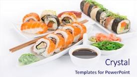  Presentation with seafood - PPT theme enhanced with japanese seafood sushi set close-up background and a sky blue colored foreground