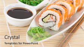  Presentation with set of sushi salmon - Amazing presentation design having japanese seafood sushi set close backdrop and a  colored foreground