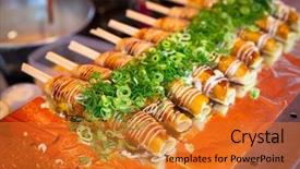  Presentation with street food - Presentation design having japanese street food in kyoto background and a gold colored foreground
