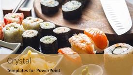  Presentation with tuna - Beautiful PPT theme featuring japanese-sushi-food-maki-nigiri backdrop and a gold colored foreground