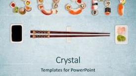  Presentation with image resolution - Beautiful PPT theme featuring japanese sushi pieces making inscription backdrop and a sky blue colored foreground