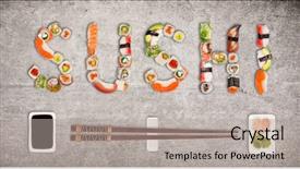  Presentation with image resolution - Audience pleasing slides consisting of japanese sushi pieces making inscription backdrop and a light gray colored foreground