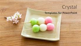  Presentation with stuck - Presentation design featuring japanese sweets of dumplings stuck in a skewer background and a coral colored foreground