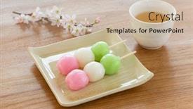  Presentation with stuck - Cool new PPT theme with japanese sweets of dumplings stuck in a skewer backdrop and a soft green colored foreground