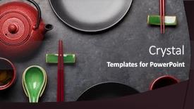  Presentation with healthy food and tea - Theme consisting of japanese-tea-and-tableware background and a dark gray colored foreground