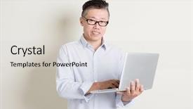  Presentation with senior asian - Colorful slide set enhanced with japanese technology - portrait of single mature 50s backdrop and a light gray colored foreground