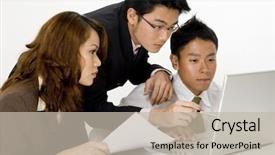  Presentation with group of three young girl - Cool new presentation theme with japanese technology - three young asian executives working backdrop and a  colored foreground