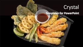  Presentation with shrimps - Presentation design featuring japanese-tempura-with-fresh-vegetables background and a wine colored foreground