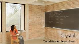  Presentation with alone - Audience pleasing theme consisting of japanese theater - female student sat working alone backdrop and a  colored foreground