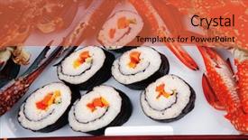  Presentation with crabs - PPT theme consisting of japanese traditional cuisine - california roll with avocado and salmon cream cheese on black dish with red and blue crabs background and a red colored foreground