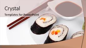  Presentation with cucumber cream - Cool new theme with japanese traditional cuisine - roll with cucumber cream cheese with raw tuna maguro and salmon sake inside on white dish with sticks isolated over white background backdrop and a soft green colored foreground