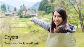 Presentation with japanese kanji - PPT layouts having japanese woman visit shirakawago background and a yellow colored foreground