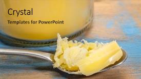  Presentation with clarified butter - Presentation design enhanced with jar and tablespoon of ghee background and a yellow colored foreground