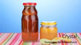  Presentation with napkin - Presentation design consisting of jar of baby puree and juice with spoon on napkin on blue background background and a red colored foreground