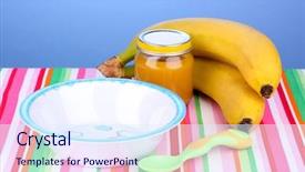  Presentation with napkin - PPT theme enhanced with jar of baby puree with plate and spoon on napkin on blue background background and a sky blue colored foreground