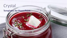  Presentation with beetroot - Theme consisting of jar of beetroot cream soup on grey place mat - close up background and a sky blue colored foreground