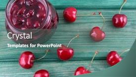  Presentation with cherry - Slide set consisting of jar of cherry jam and some cherries on green background and a ocean colored foreground